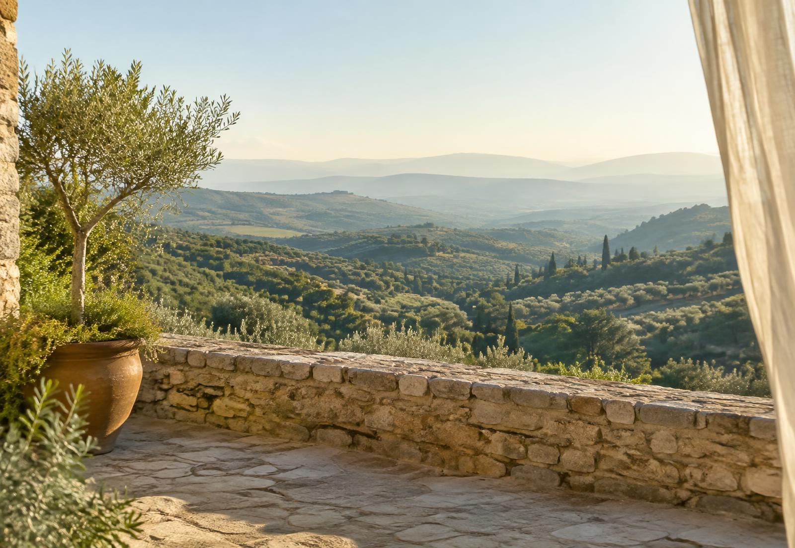 Vue ouverte depuis la terrasse sur les collines d'oliviers