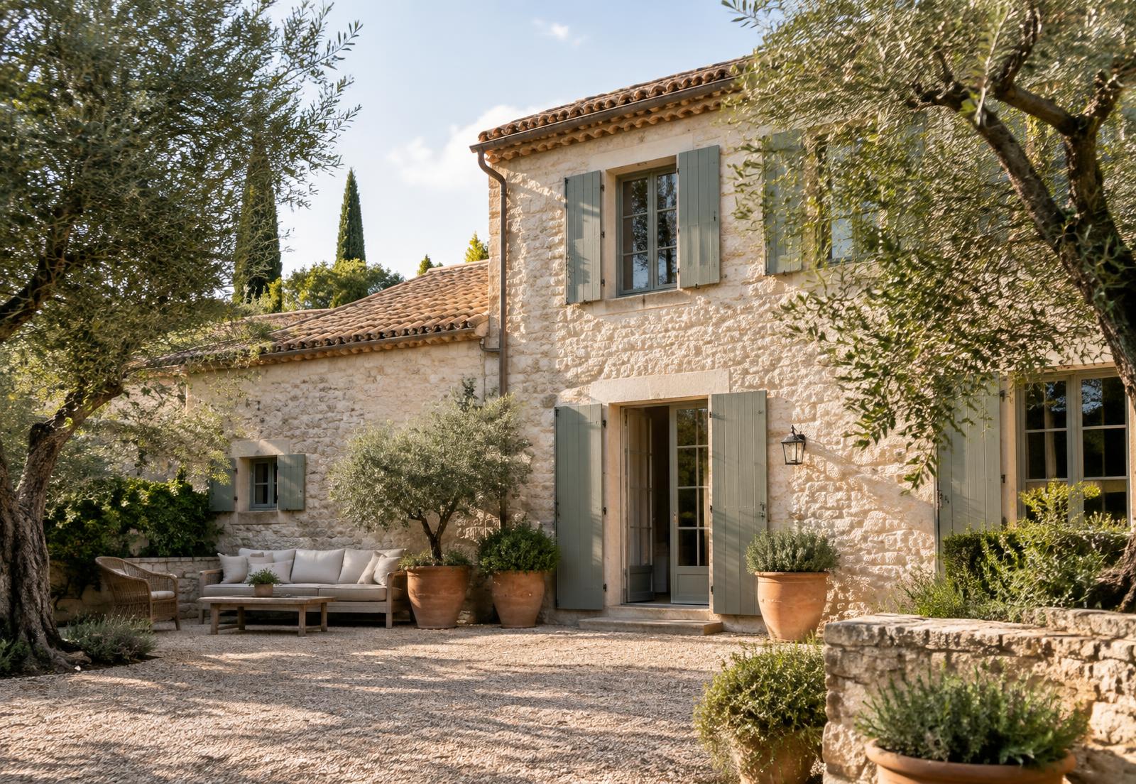 Façade en pierre de Maison Alba entre les oliviers