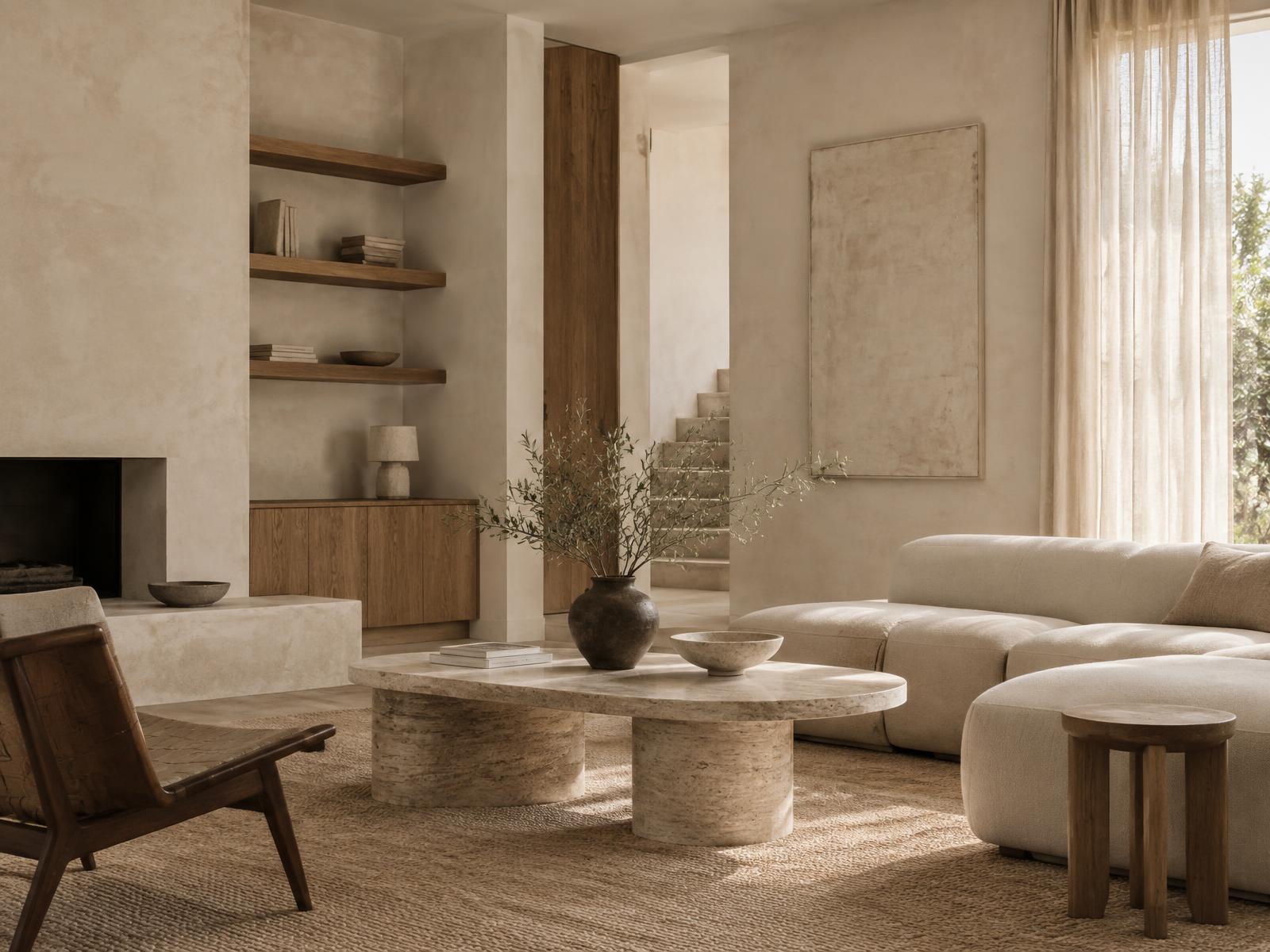 Salon minimaliste aux murs enduits à la chaux, table basse en travertin et canapé beige baigné de lumière naturelle.