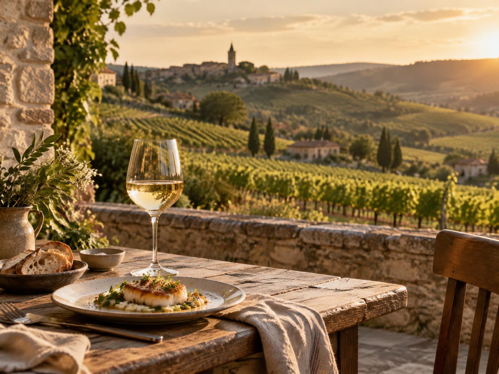 Table dressée sur une terrasse en pierre avec un verre de vin blanc, face aux coteaux du vignoble au soleil couchant.
