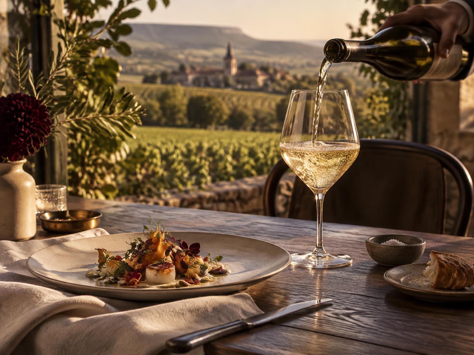 Service d'un vin blanc du Mâconnais devant les vignes et une assiette gastronomique.